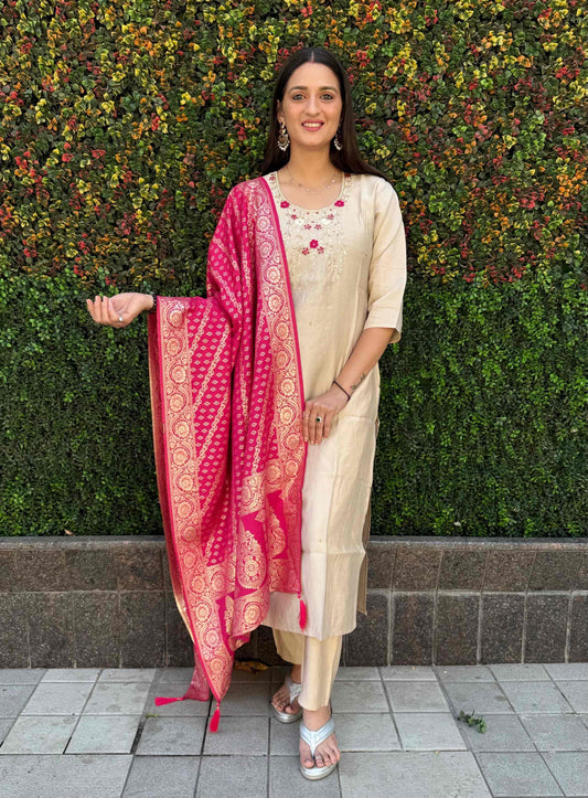 Beige Kurta Set with Pink Banarasi Dupatta for Women, Girls