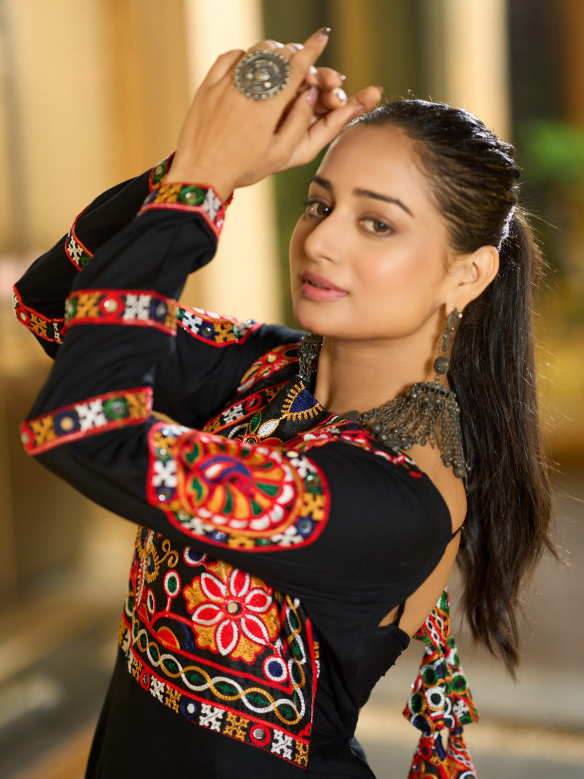 Black Flared Anarkali Dress with Embroidered Choli