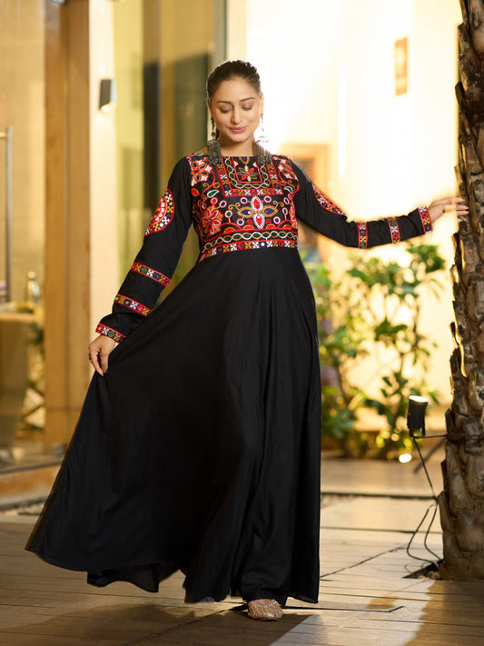 Black Flared Anarkali Dress with Embroidered Choli