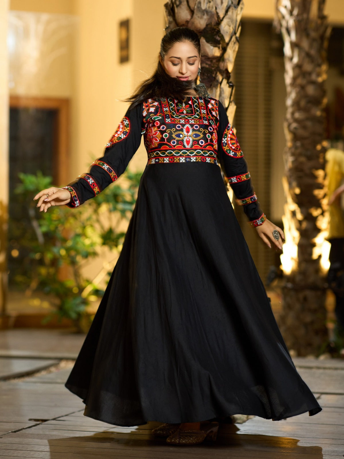 Black Flared Anarkali Dress with Embroidered Choli