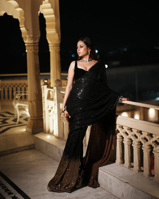 Black Georgette Sequin Saree with Silk Blouse & Lace Border

