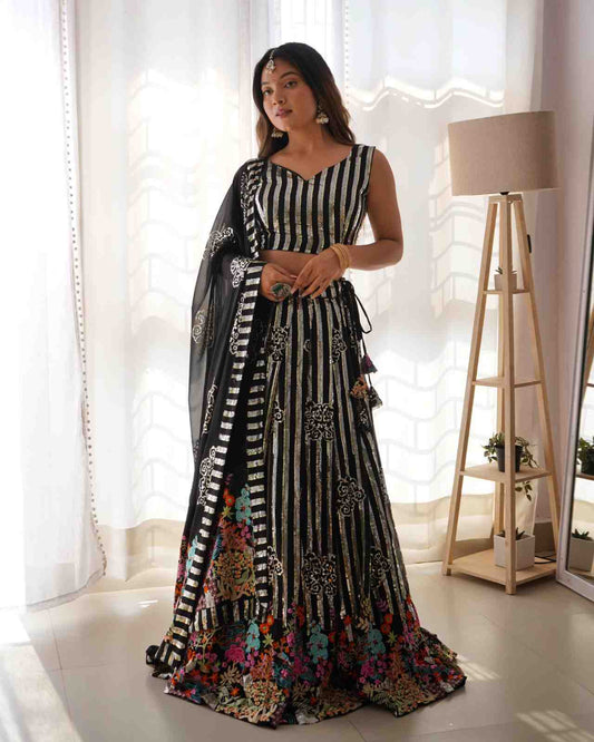 Black Sequin Embroidered Lehenga with Floral Border Work