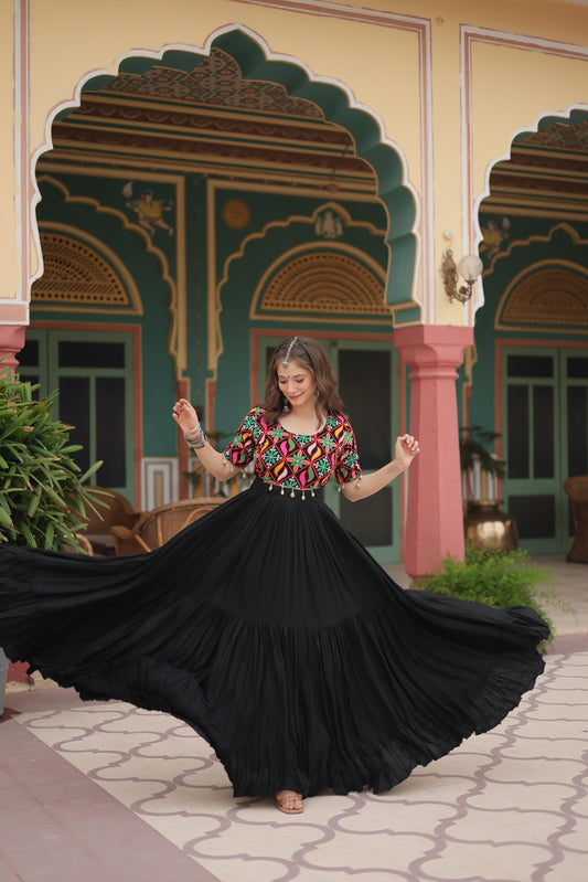 Black Mirror Work Anarkali Dress for Festive Night