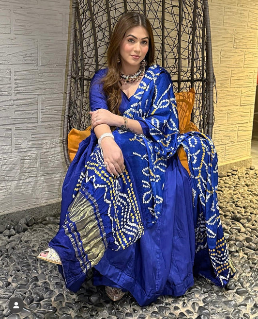 Blue Anarkali Gown with Bandhani Dupatta