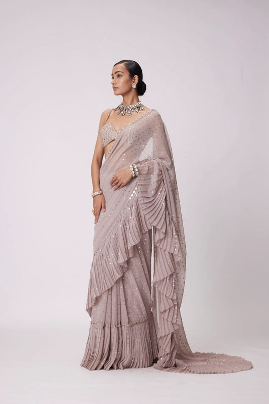 Bollywood Style Pleated Georgette Saree with Mirror Work