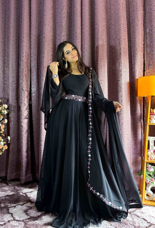 Classy Black Gown with Dupatta for Party Wear
