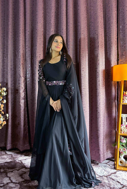 Classy Black Gown with Dupatta for Party Wear