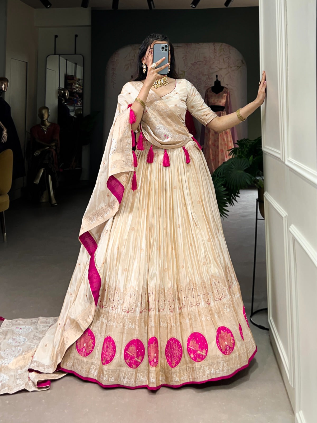 Cream Silk Lehenga with Purple Motifs and Tassel Dupatta