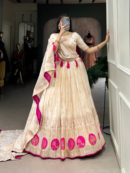 Cream Silk Lehenga with Purple Motifs and Tassel Dupatta