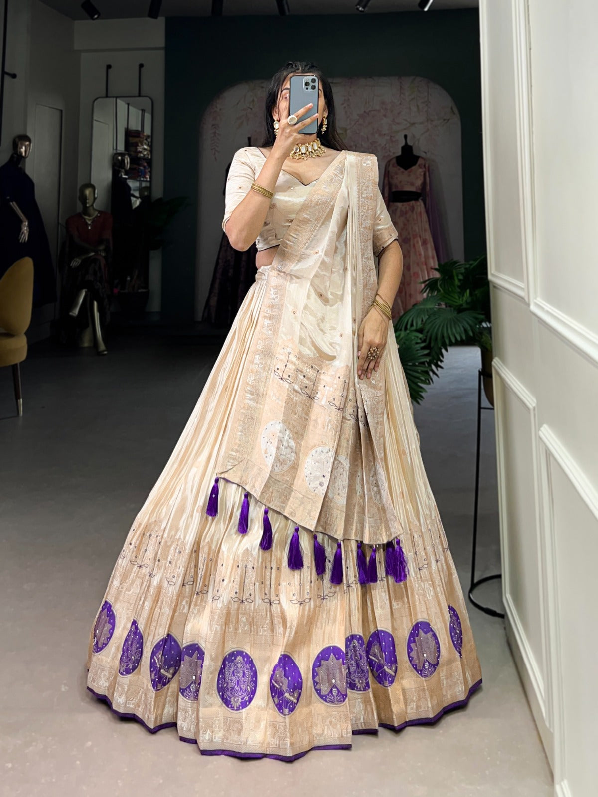 Cream Silk Lehenga with Purple Motifs and Tassel Dupatta