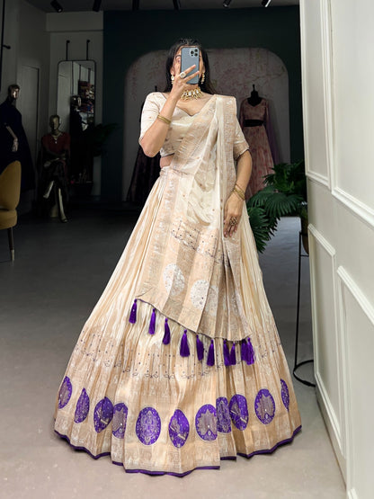 Cream Silk Lehenga with Purple Motifs and Tassel Dupatta