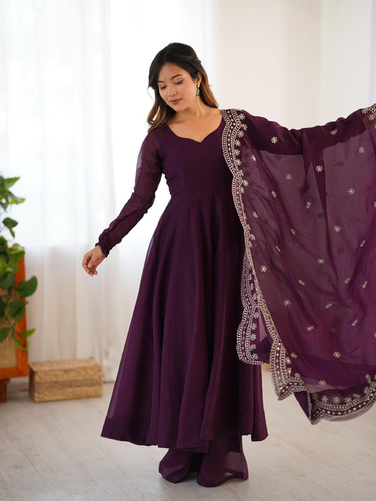 Deep Purple Anarkali Gown with Silver Embroidered Dupatta