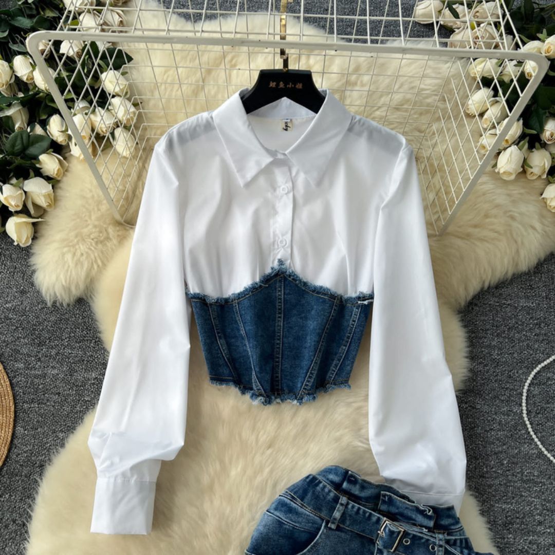Denim Corset Shirt & High Waist Slit Skirt Set for Women