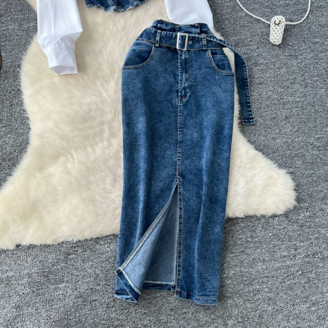 Denim Corset Shirt & High Waist Slit Skirt Set for Women