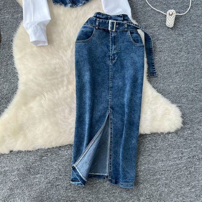 Denim Corset Shirt & High Waist Slit Skirt Set for Women
