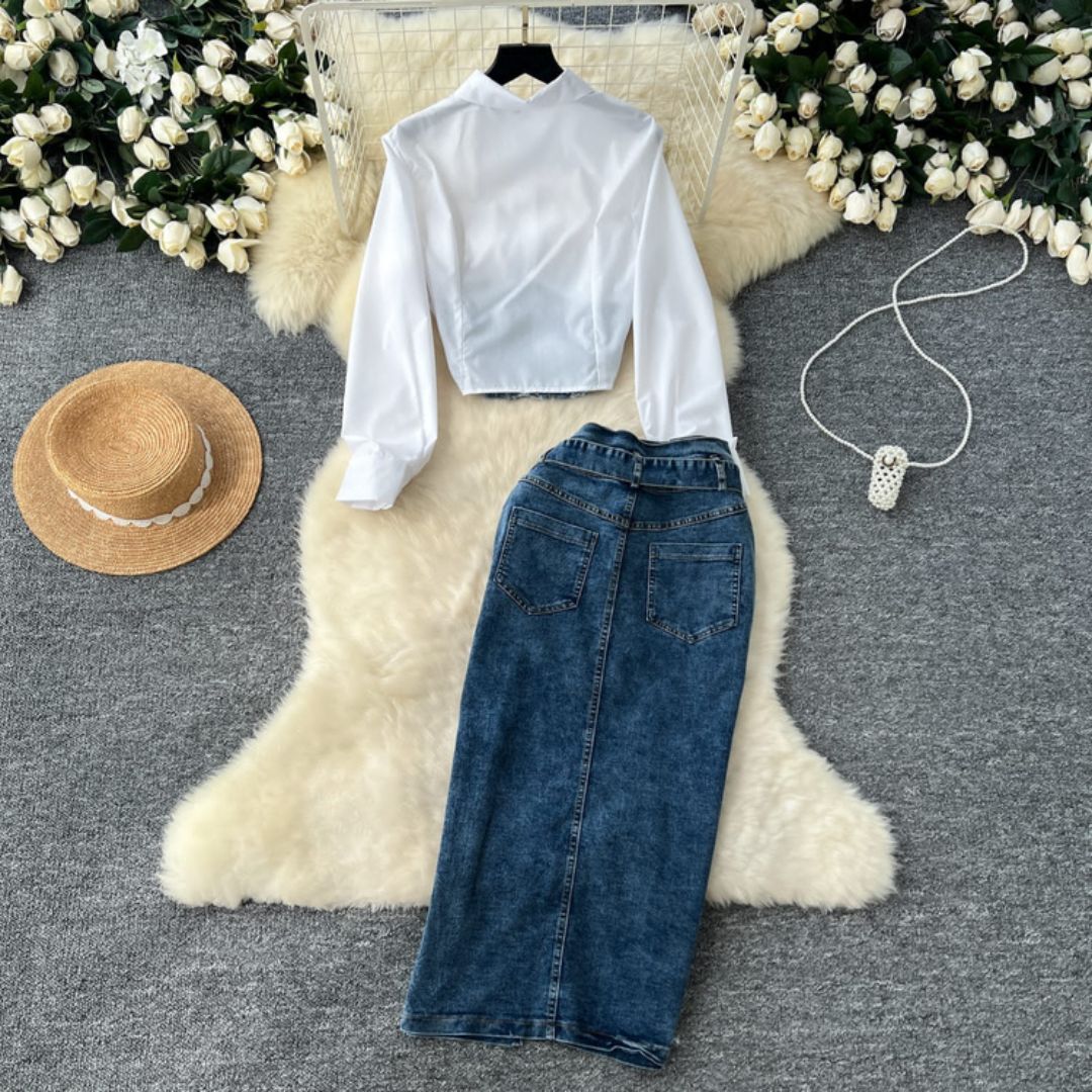 Denim Corset Shirt & High Waist Slit Skirt Set for Women