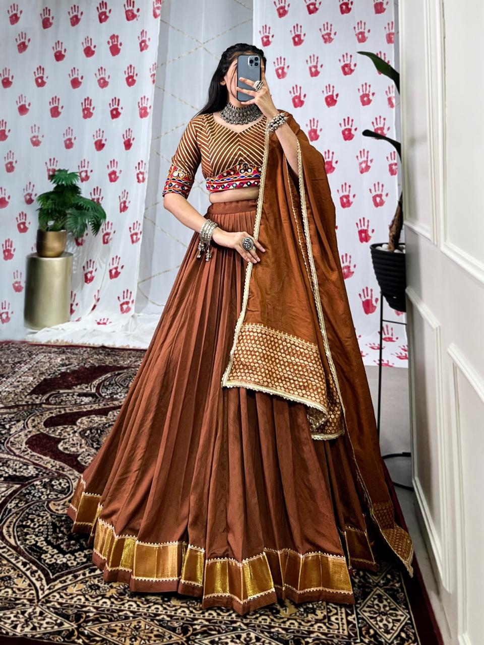 Designer Chanderi Lehenga Choli with Mirror Work Dupatta