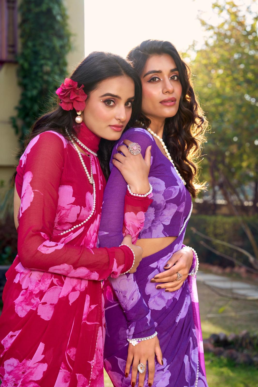 Designer Chiffon Floral Pearl Border Saree for Women