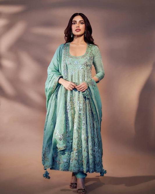 Designer Chinon Silk Anarkali Set with Embroidered Dupatta