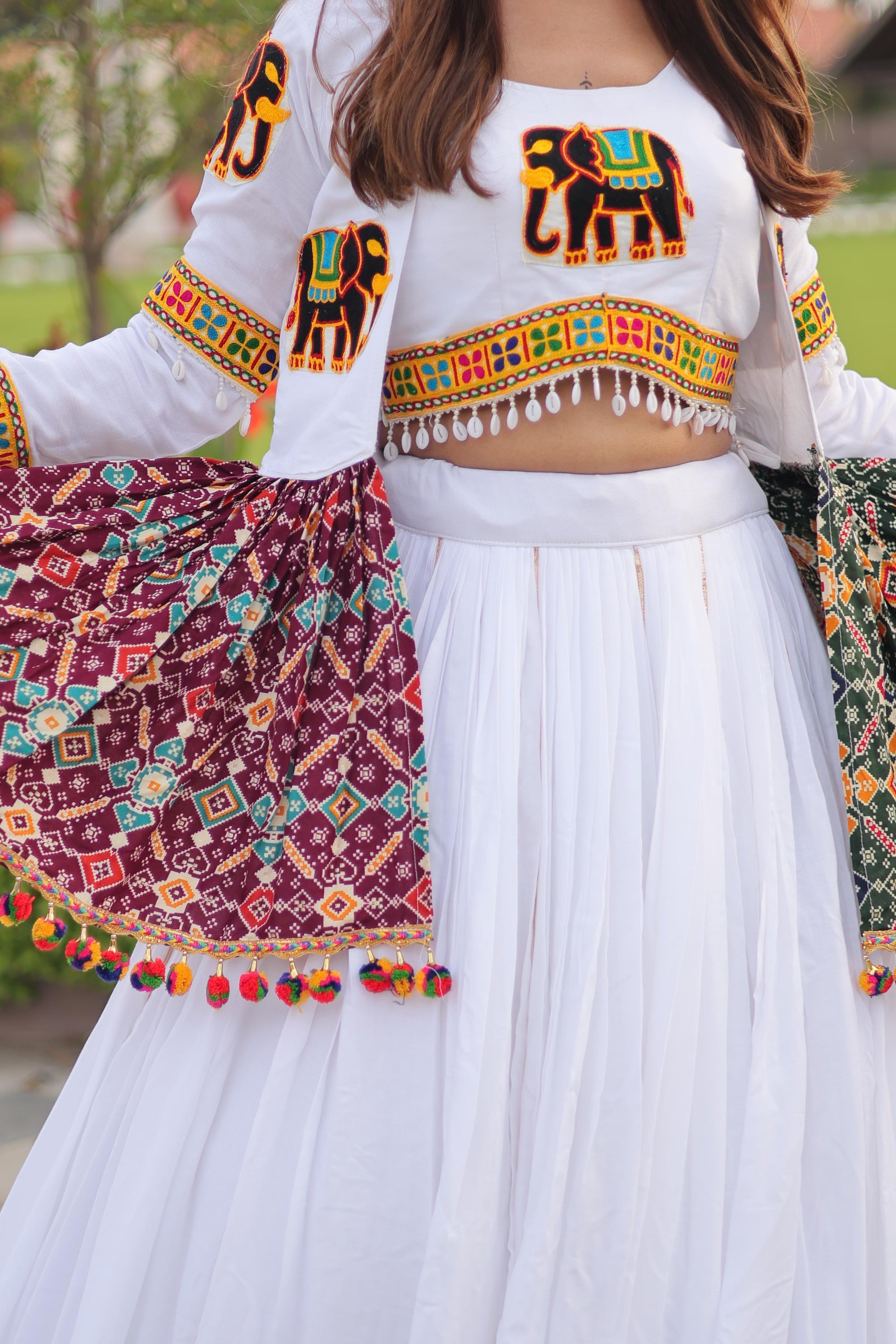 Designer Cotton Gamthi Work Lehenga with Koti & Choli