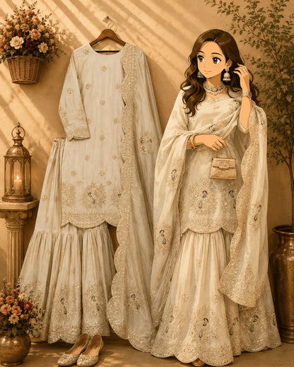 Designer Cream Sharara Suit