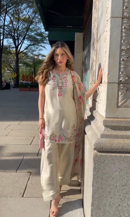 Designer Crepe Top with Palazzo and Printed Dupatta Set