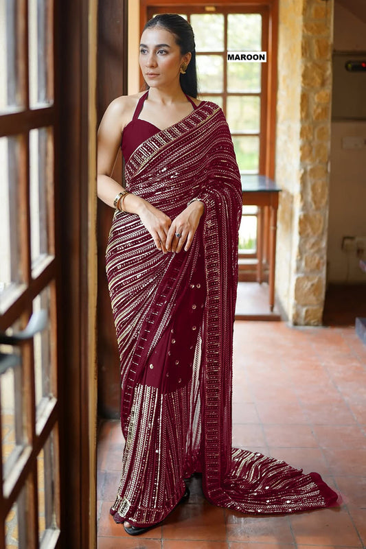 Designer Faux Georgette Saree with Sequins & Lace Work