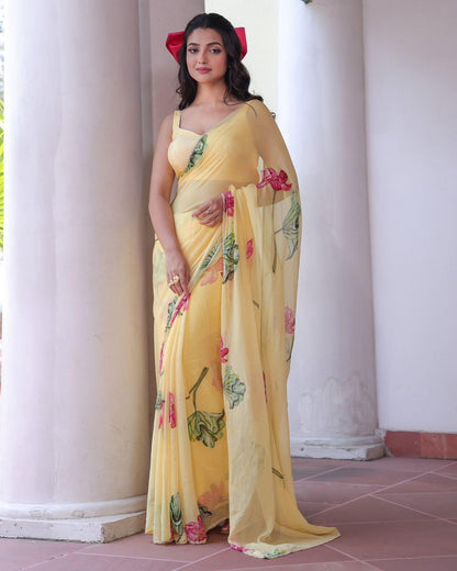 Designer Floral Saree  Yellow Casual Wear Collection