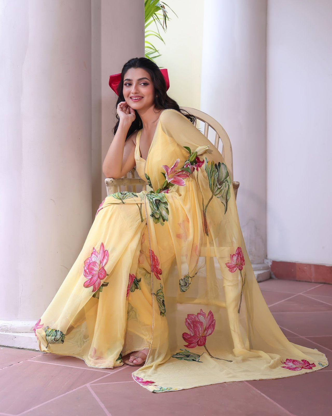 Designer Floral Saree  Yellow Casual Wear Collection