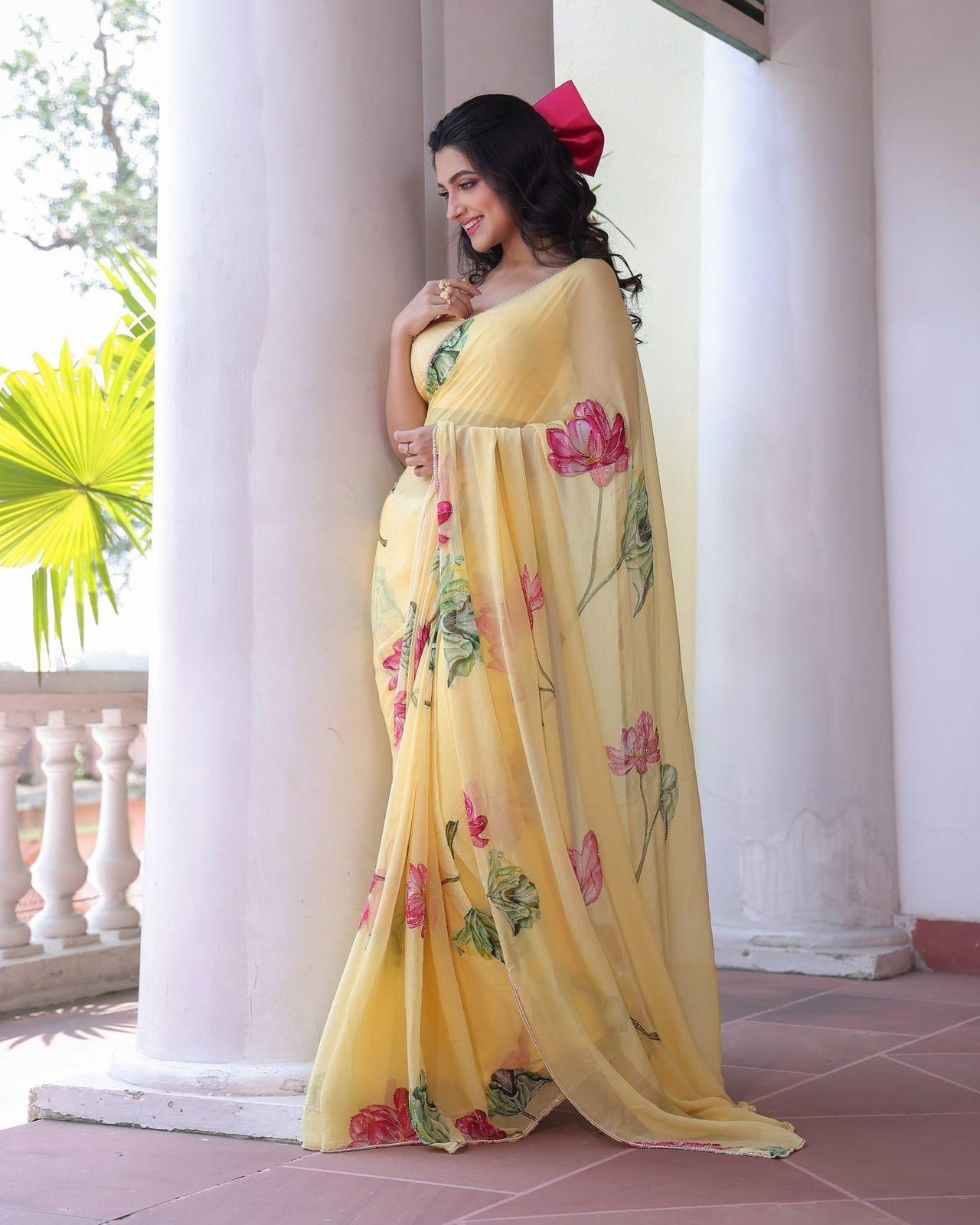 Designer Floral Saree  Yellow Casual Wear Collection