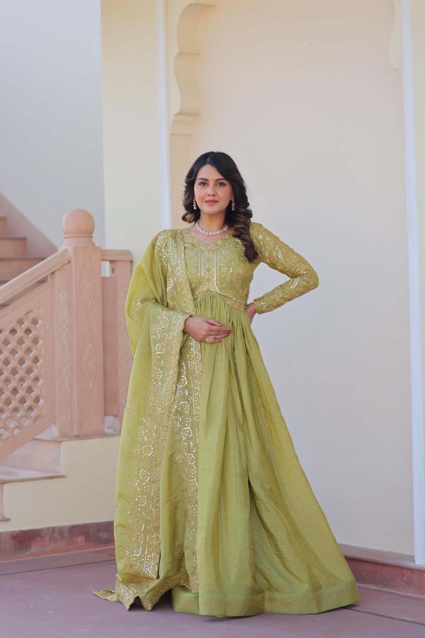 Designer Gold Crush Gown with Dupatta for Women