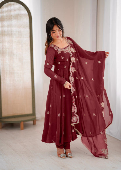Designer Maroon Anarkali Three Piece Set for Women