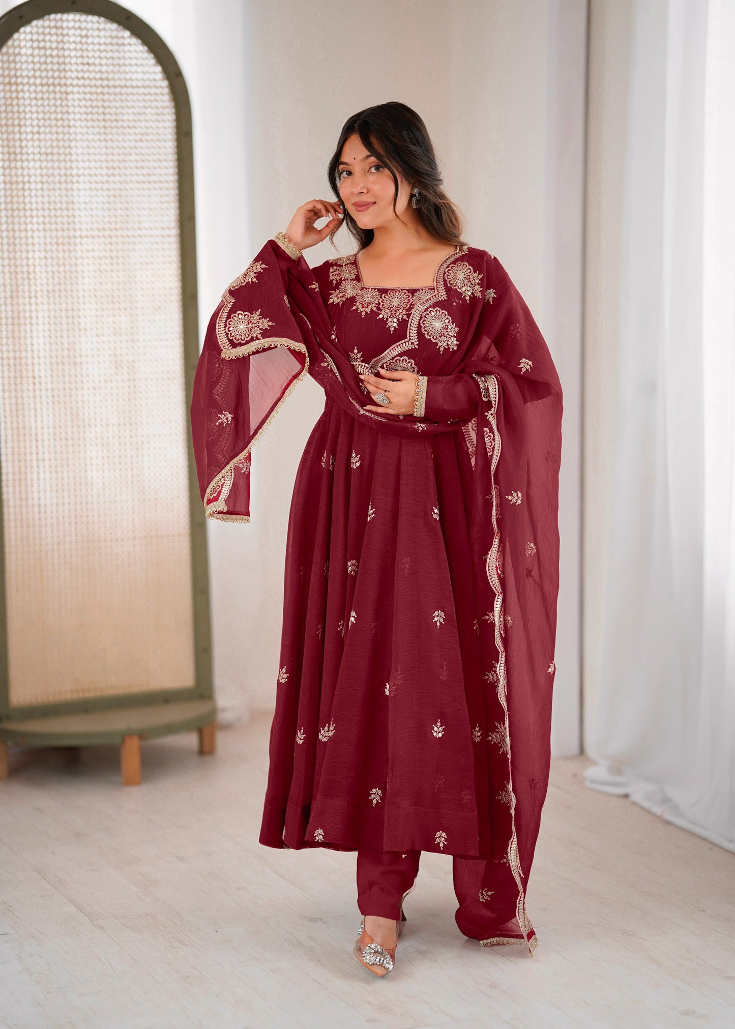 Designer Maroon Anarkali Three Piece Set for Women