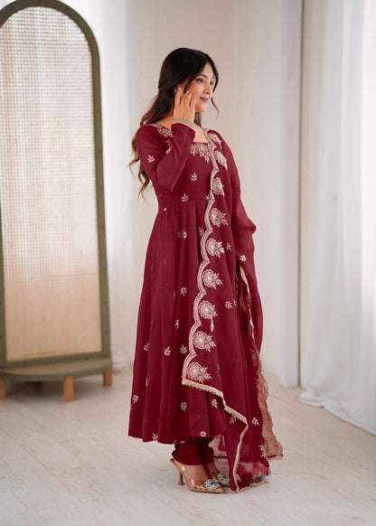 Designer Maroon Anarkali Three Piece Set for Women