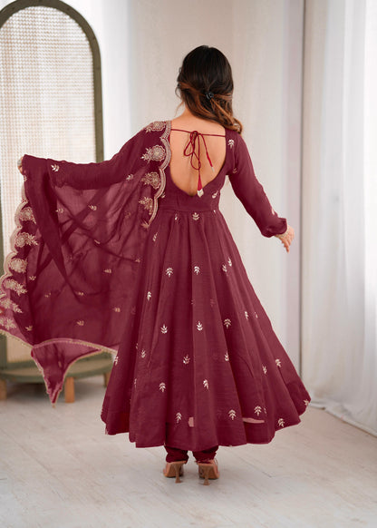 Designer Maroon Anarkali Three Piece Set for Women
