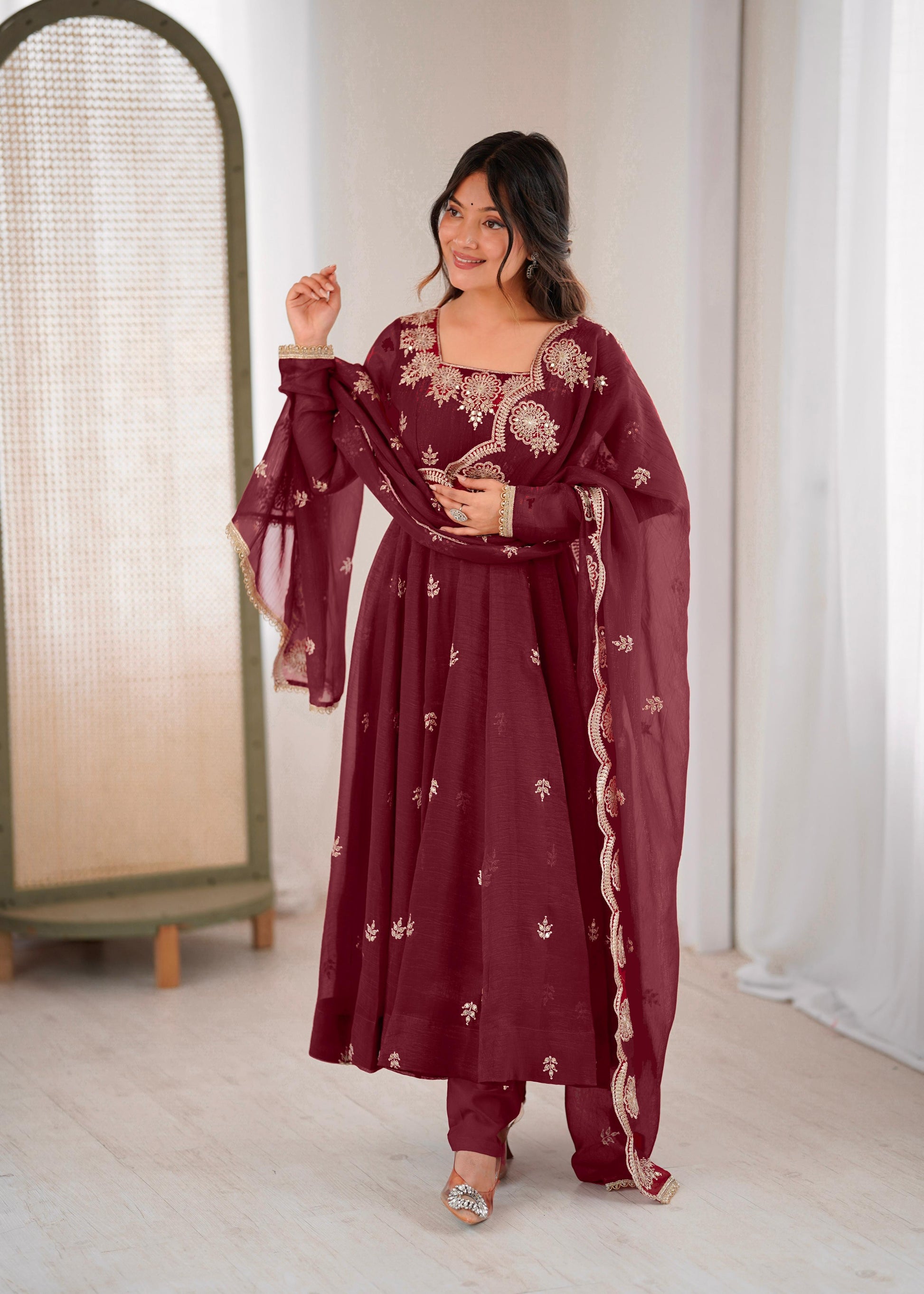 Designer Maroon Anarkali Three Piece Set for Women