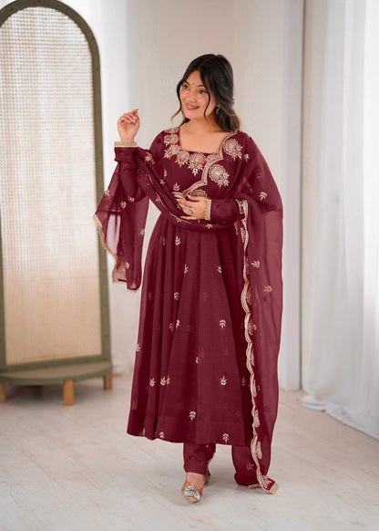 Designer Maroon Anarkali Three Piece Set for Women
