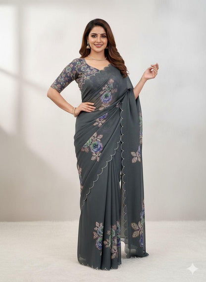 Designer Metallic Grey Tabby Organza Saree for Women