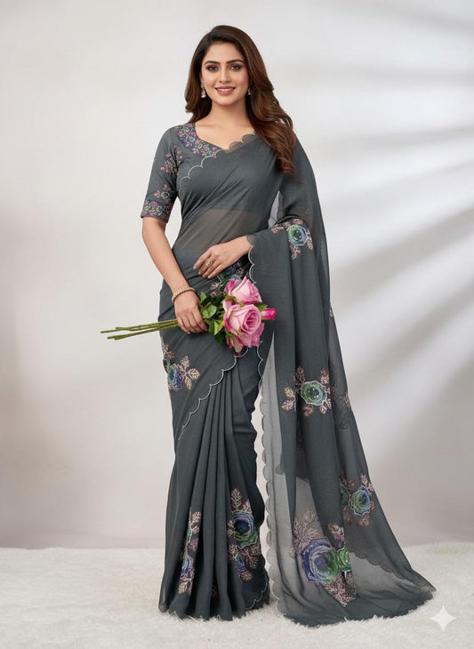 Designer Metallic Grey Tabby Organza Saree for Women