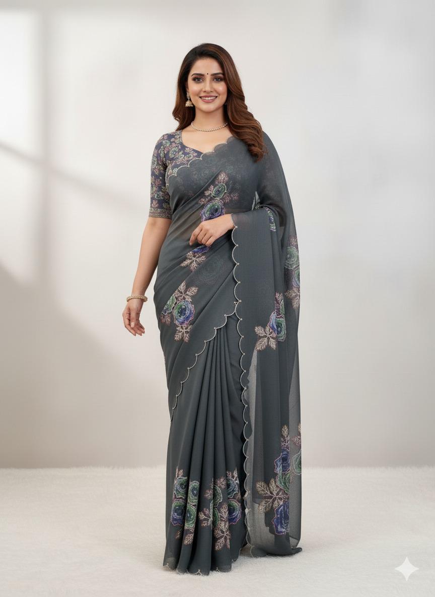 Designer Metallic Grey Tabby Organza Saree for Women