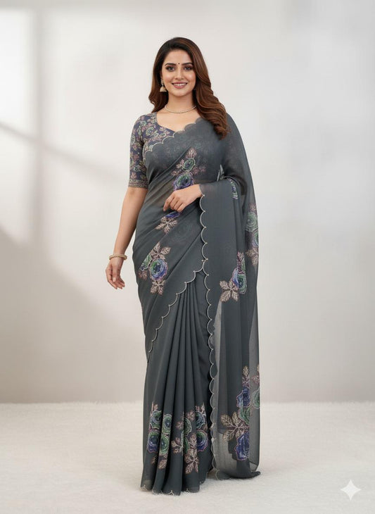 Designer Metallic Grey Tabby Organza Saree for Women
