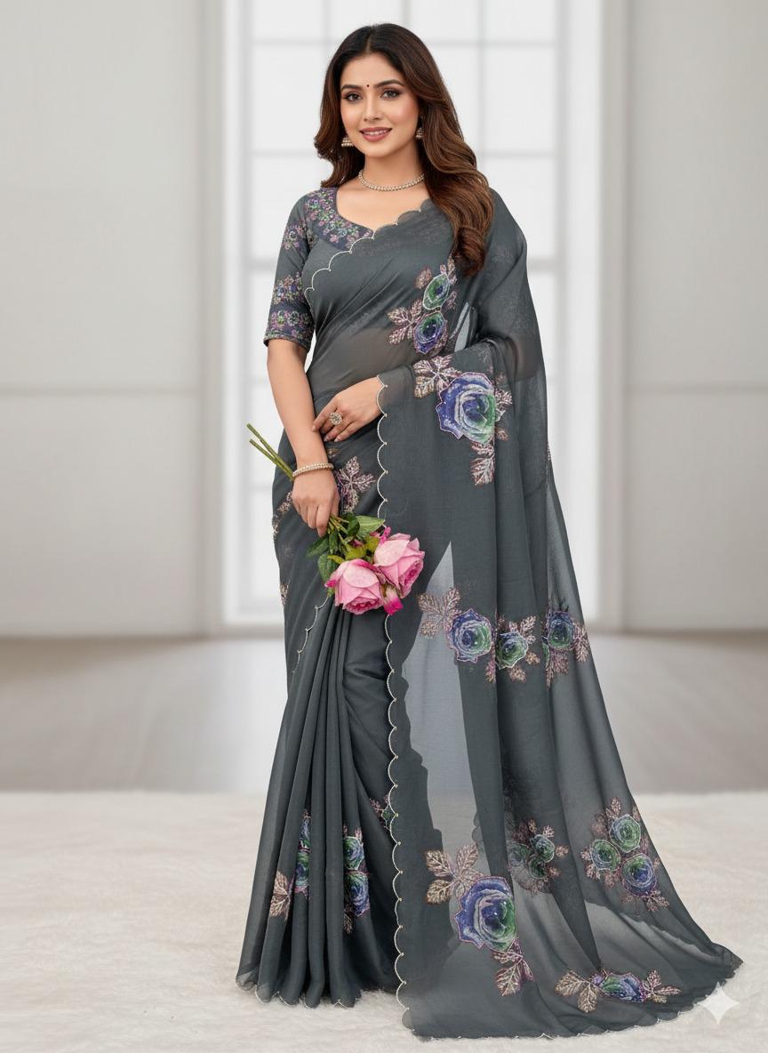 Designer Metallic Grey Tabby Organza Saree for Women