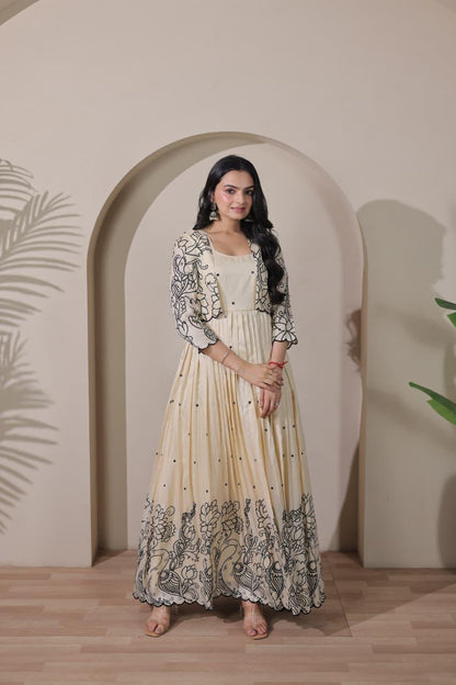 Designer Off White Gown with Jacket for Girls