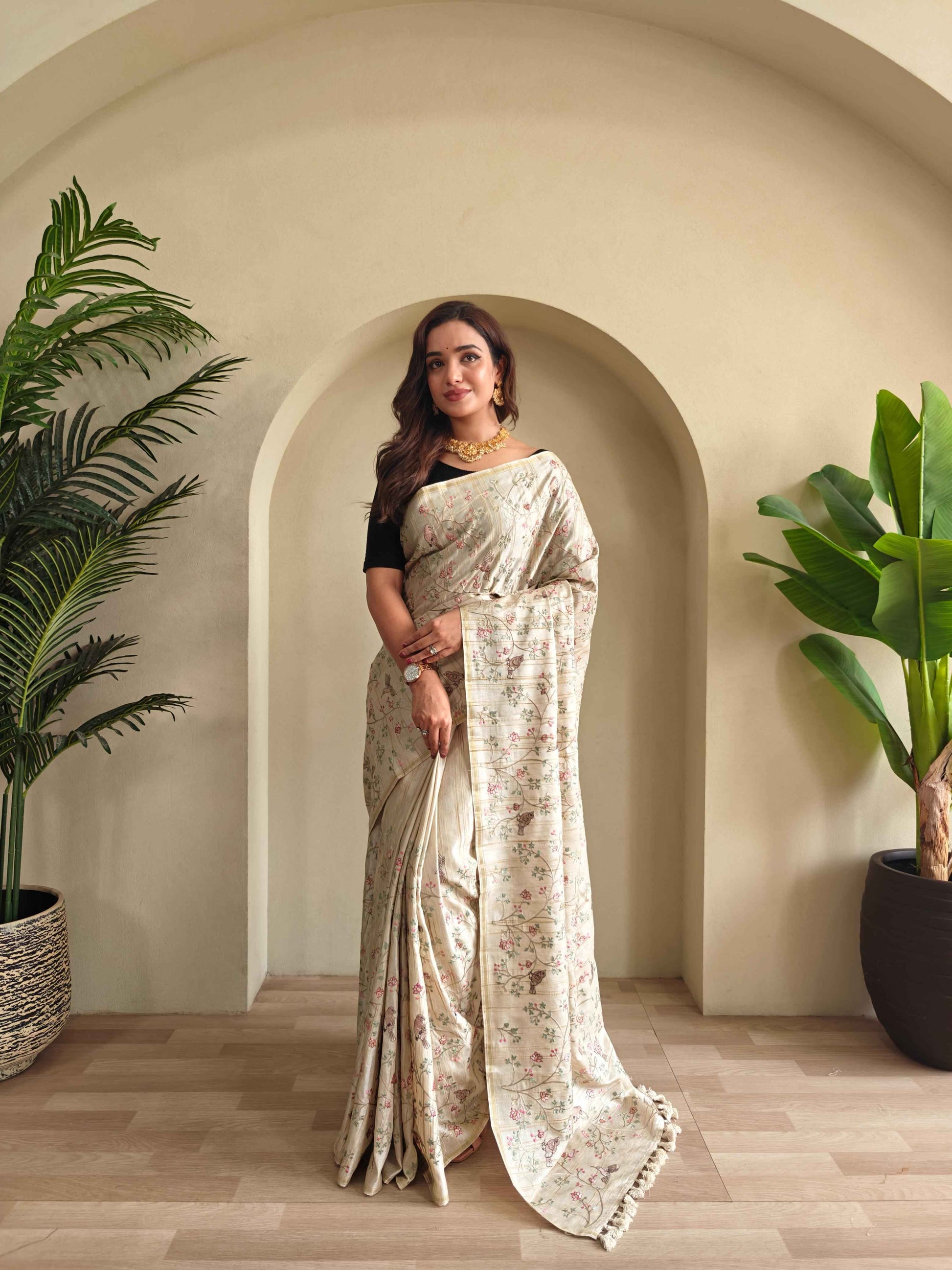 Designer Off White Saree with Tassel Border for Women