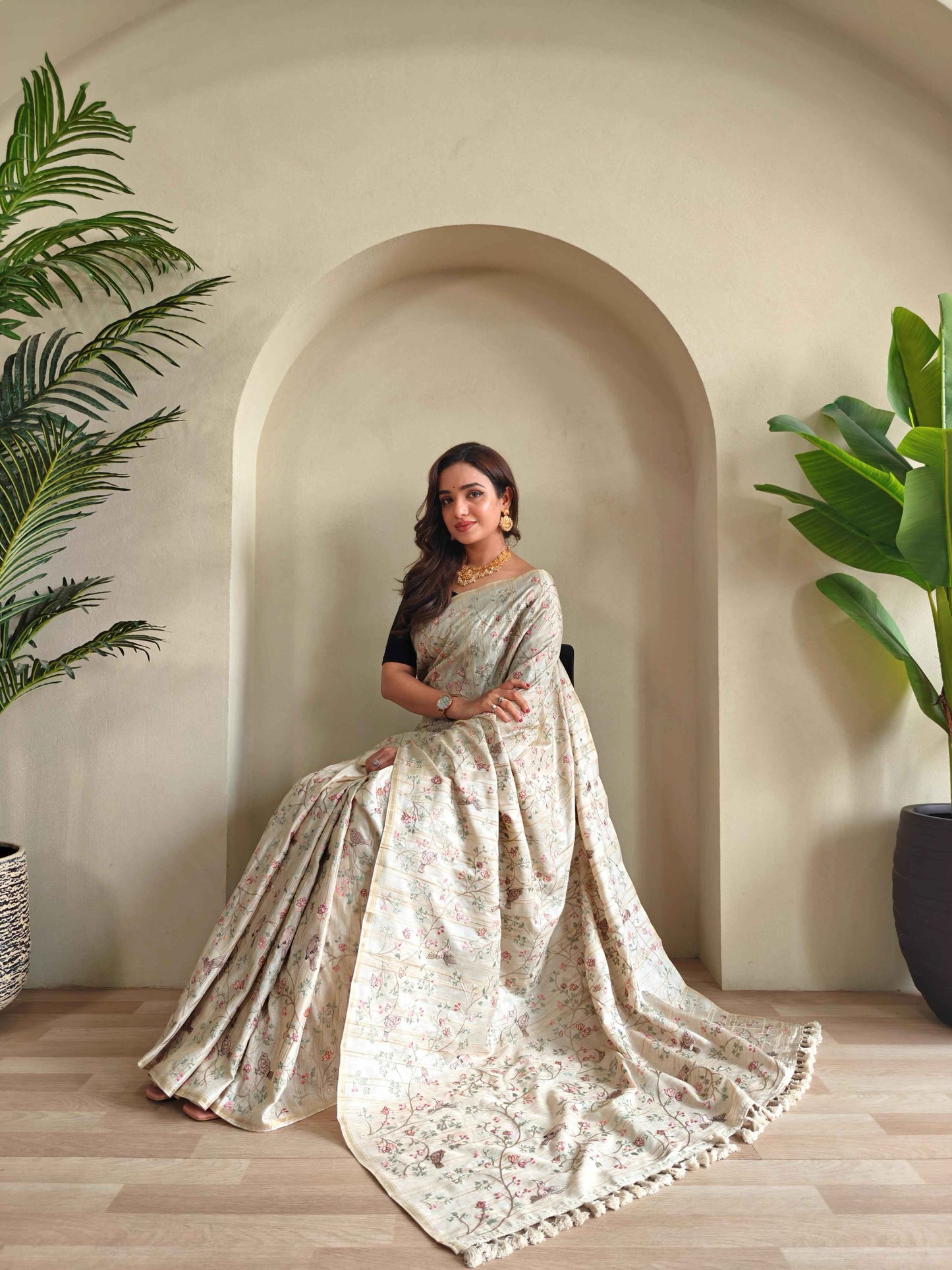 Designer Off White Saree with Tassel Border for Women
