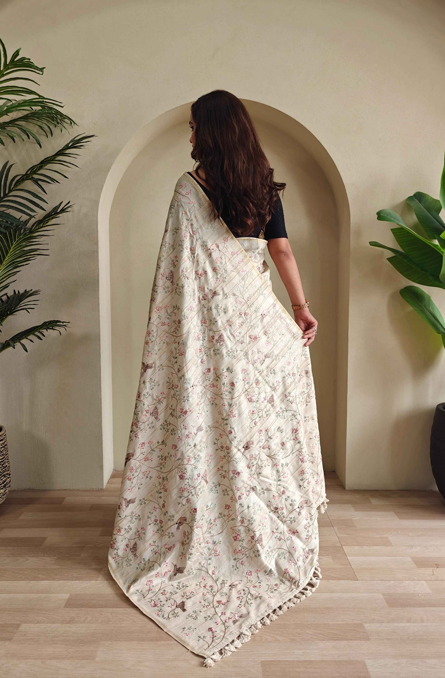 Designer Off White Saree with Tassel Border for Women