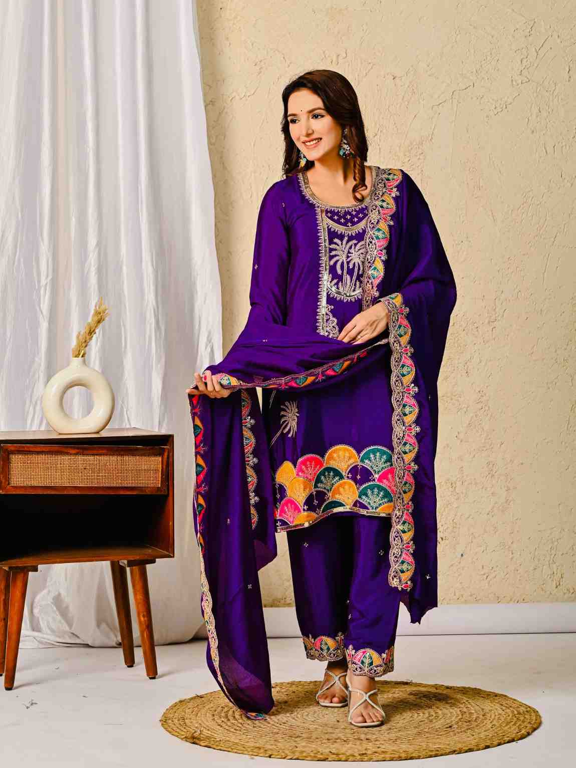 Designer Partywear Embroidered Top Pant with Dupatta Set
