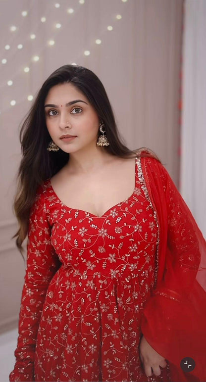 Designer Red Embroidered Anarkali Gown for Women