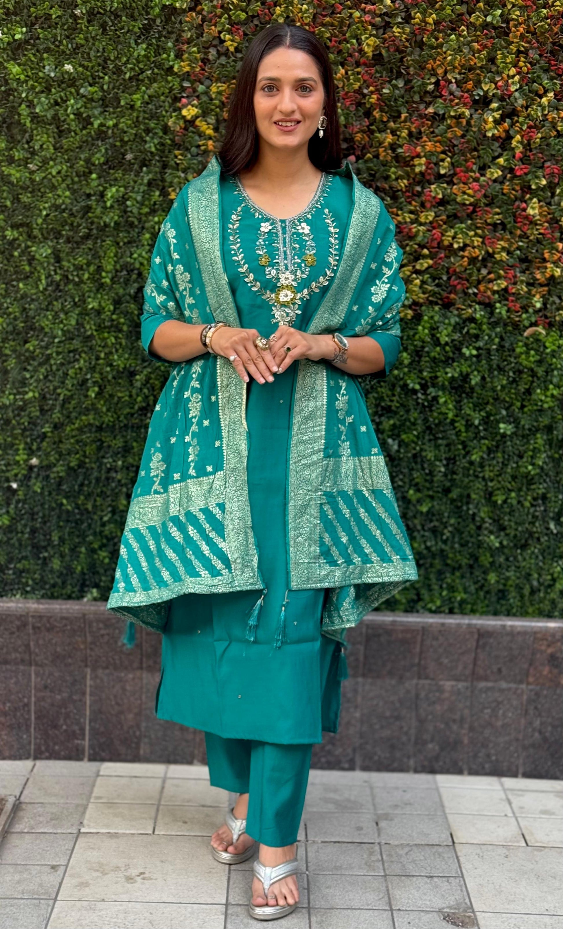 Designer Roman Silk Kurti Pant Set with Dupatta
