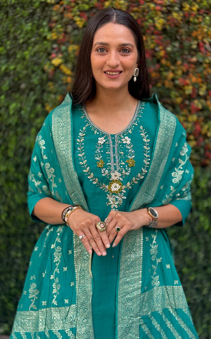 Designer Roman Silk Kurti Pant Set with Dupatta
